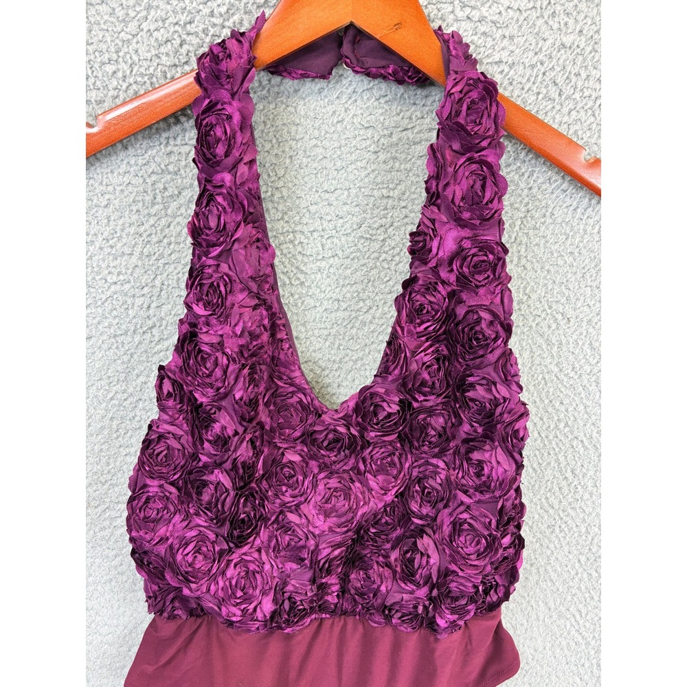 River Island Rosette Halter Bodysuit Womens S Purple Ruffle Plunge Party Chic - Picture 2 of 13